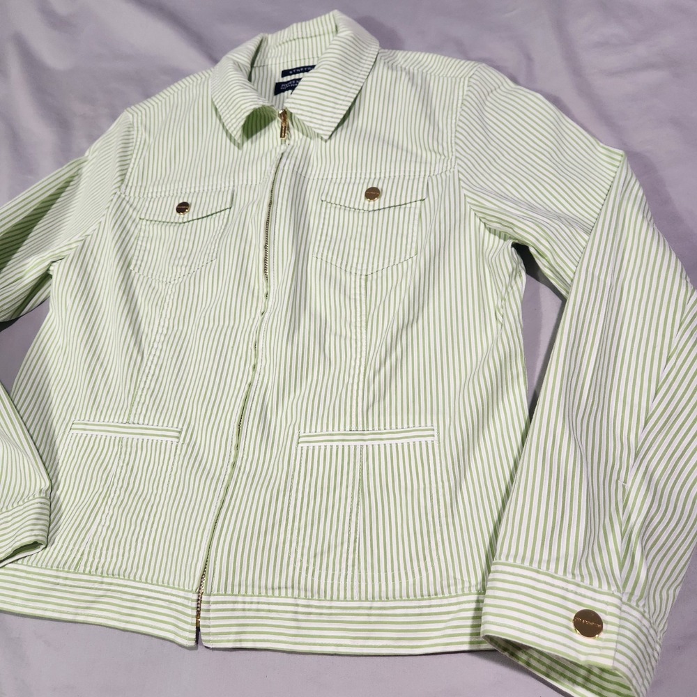 Jones New York Seersucker Green & White Striped Zip Up Blazer Jacket Large - Picture 3 of 7